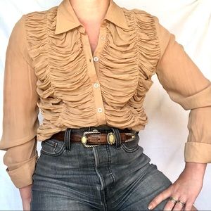 VTG 90s Y2K Silk Nude Ruched Coffin Button Blouse
